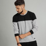 Men Grey Melange & Black Colourblocked T-shirt