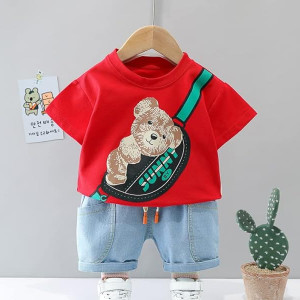 Boy's Cotton Printed T-shirt with Denim Shorts Set in Red Color